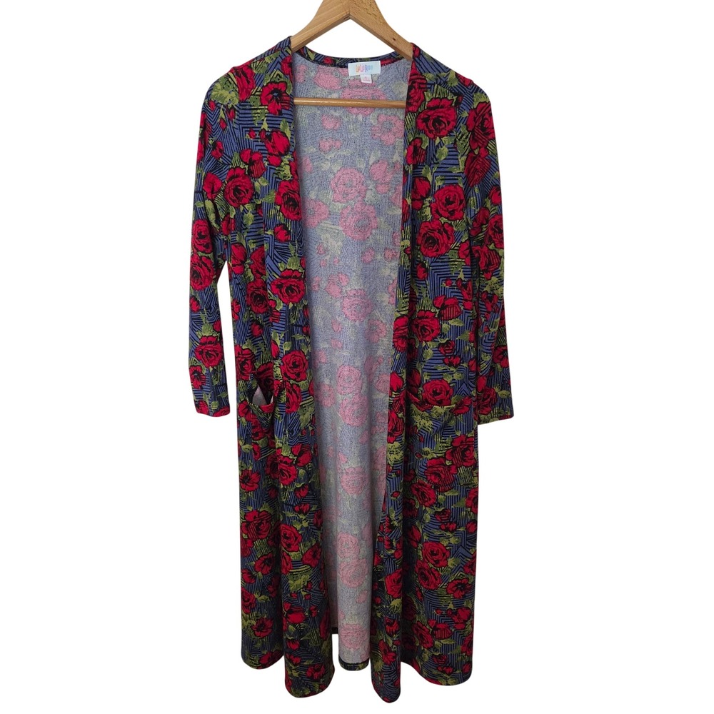 LuLaRoe Sarah Duster Cardigan S Blue Red Rose Floral Longline Open Front Soft